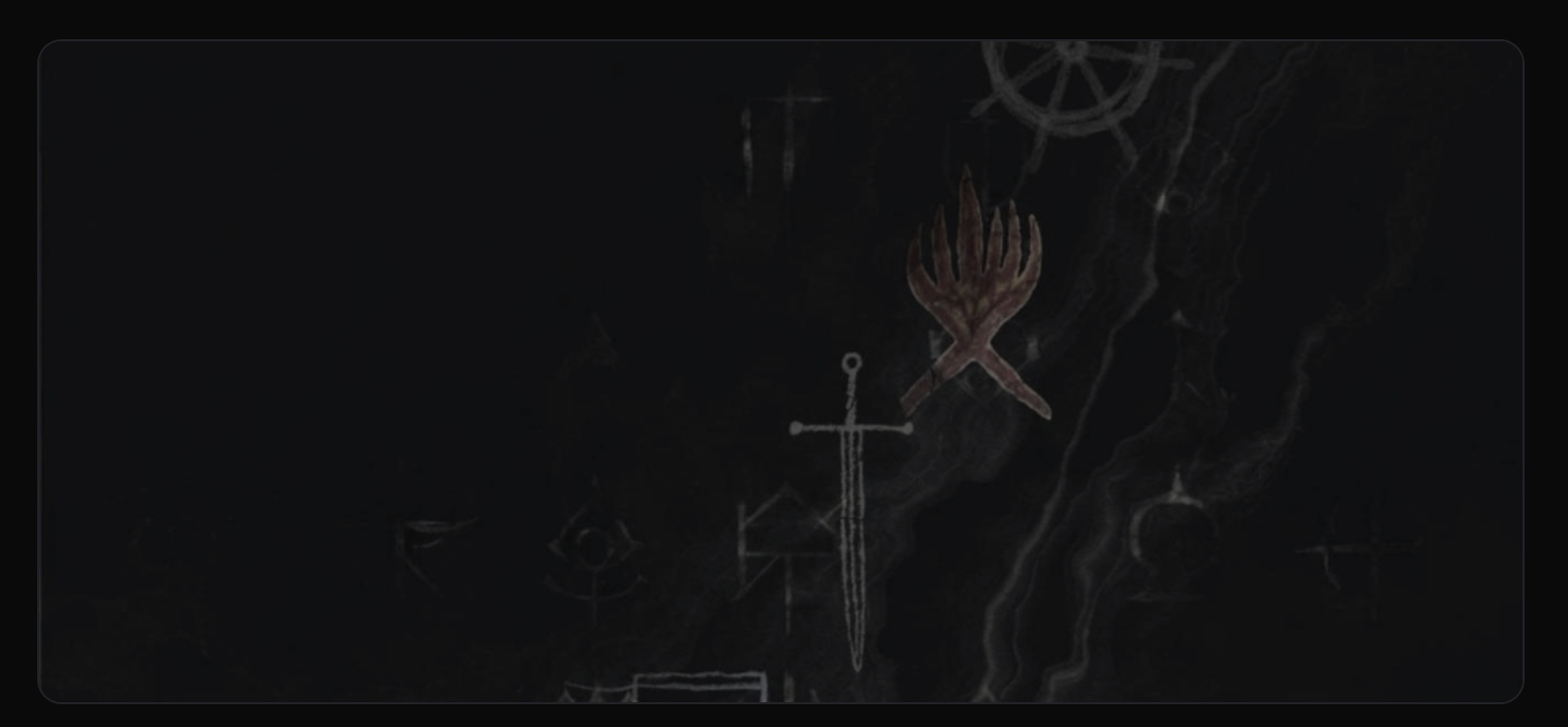 A dark scene: chalk symbols, a sword, and a rising red flame — the forge of the arc.